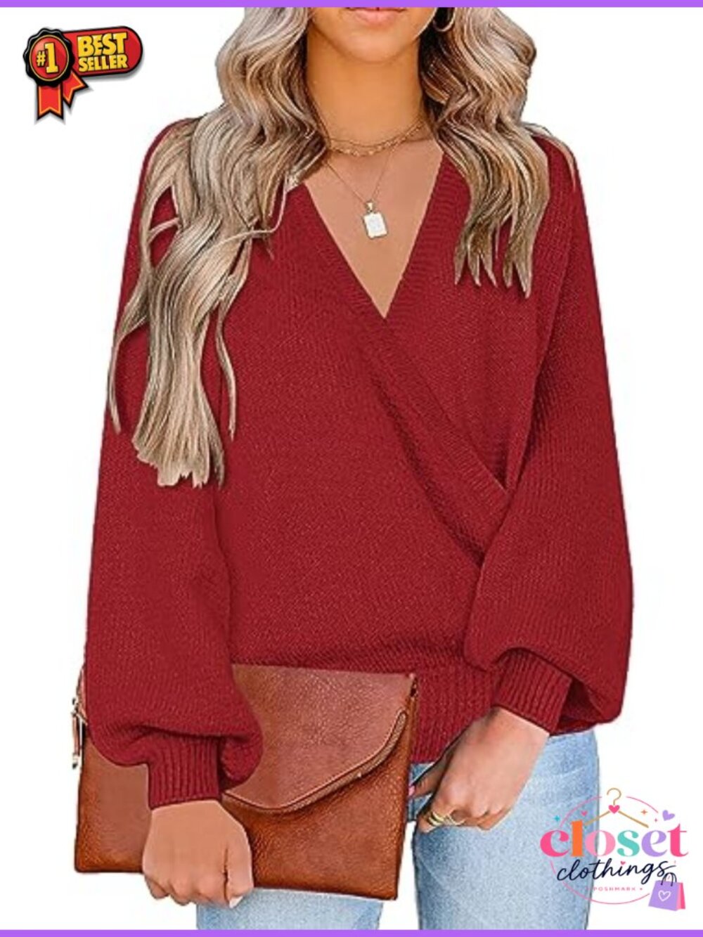 Knit Long Sleeve Faux Wrap Surplice V Neck Oversized Sweater Top